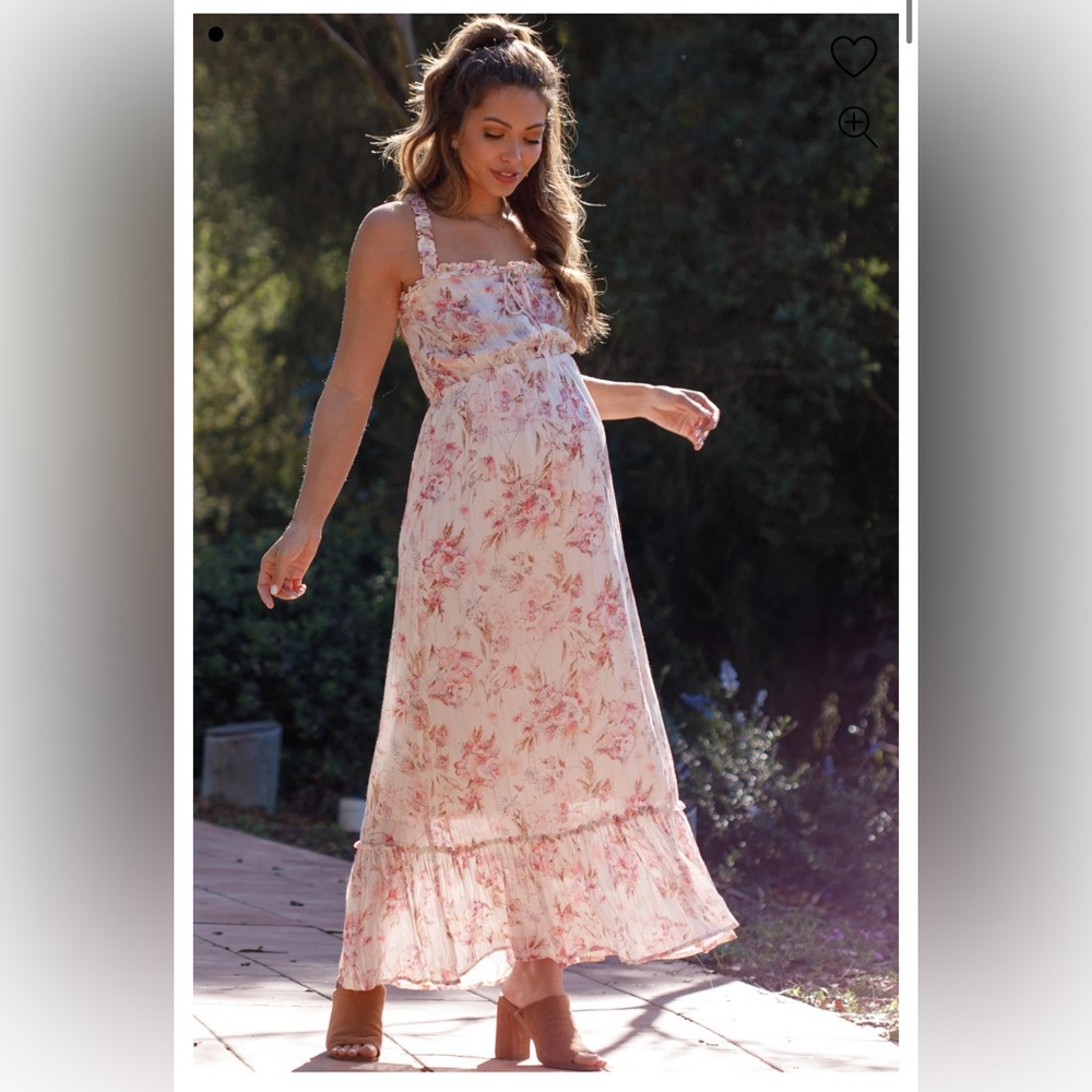 Pink Blush Maternity Cream Floral Shimmer Lace-Up Maternity Maxi Dress (Small)